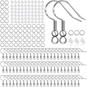 925 Sterling Silver Earring Hooks 150 PCS/75 Pairs,Ear Wires Fish Hooks,500pcs Hypoallergenic Earring Making kit with Jump Rings and Clear Silicone Backs Stoppers (Silver)