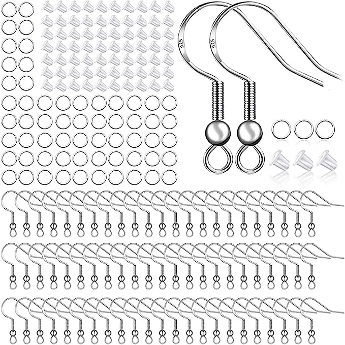 925 Sterling Silver Earring Hooks 150 PCS/75 Pairs,Ear Wires Fish Hooks,500pcs Hypoallergenic Earring Making kit with Jump Rings and Clear Silicone Backs Stoppers (Silver)